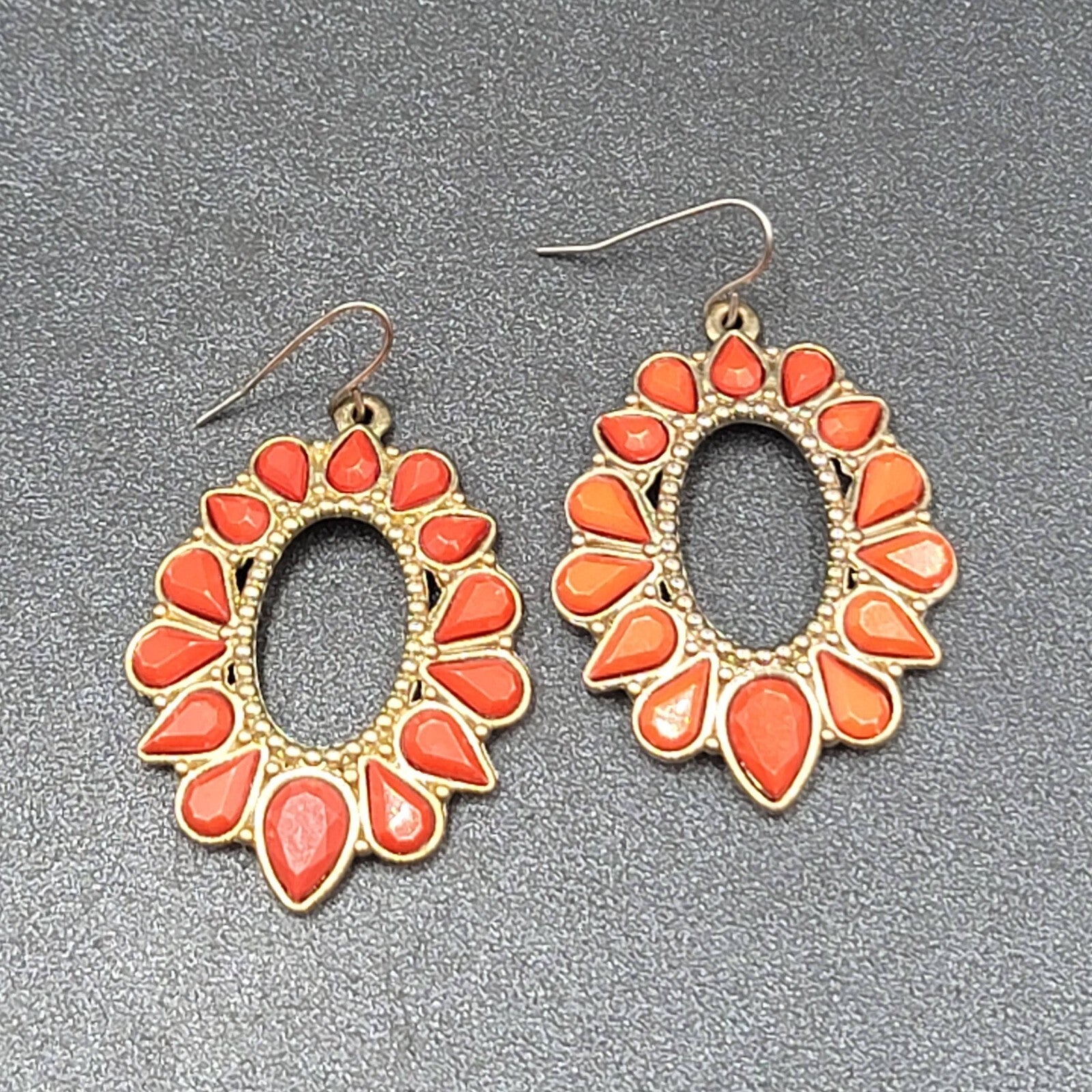 Pierced Earrings Gold tone Orange Open Teardrop Dangle 1.75"