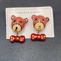 Vintage Pierced Earrings Painted Wood Bowtie Dog Dangle 1.5" NOS