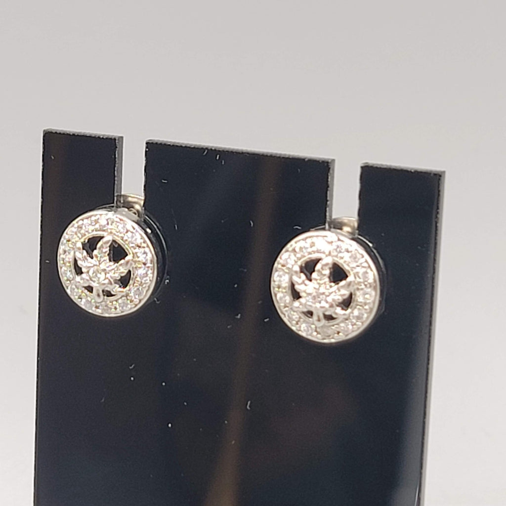 Marijuana Crystal Stud Pierced Earrings Silver tone 1/2 in