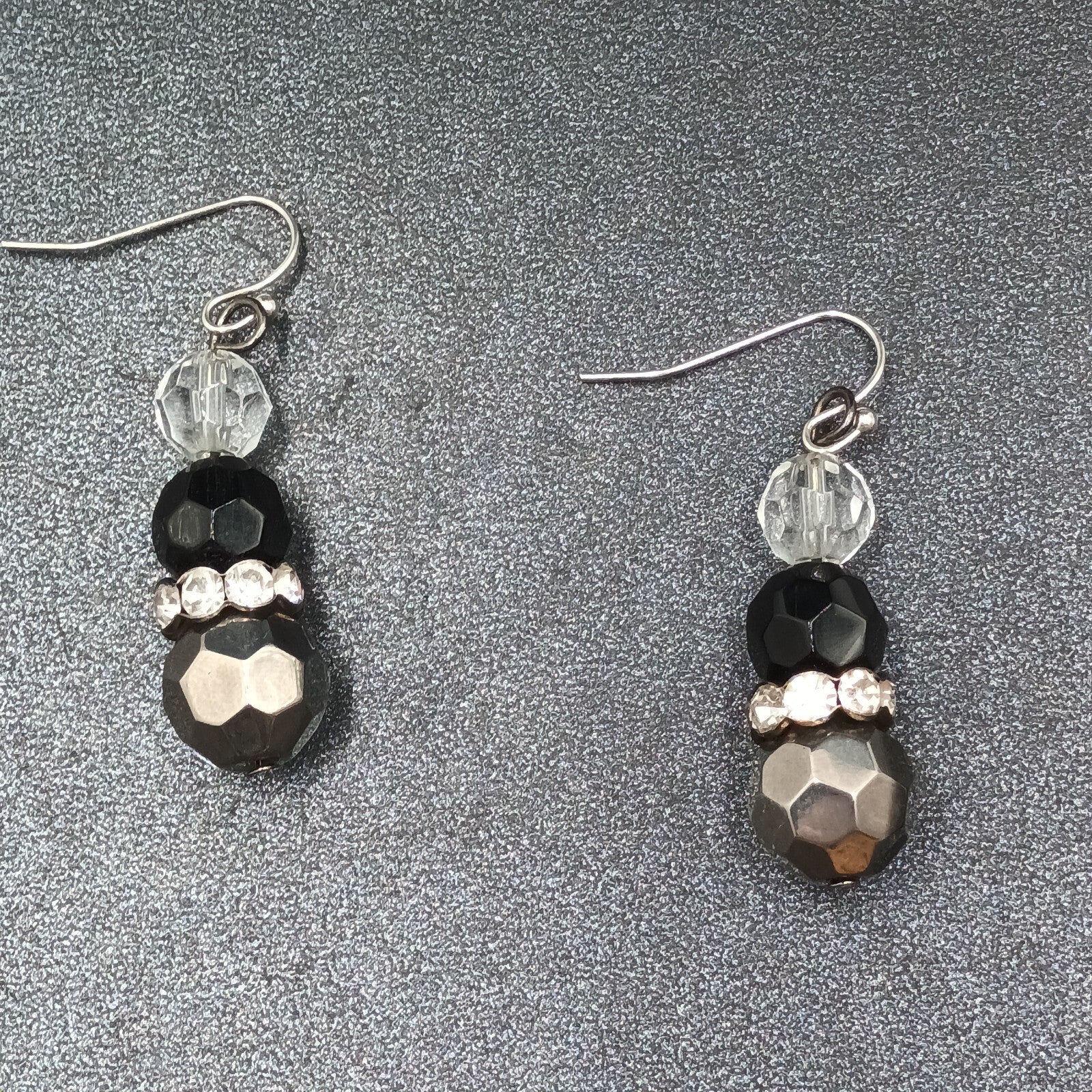 Pierced Earrings Faceted Glass Beaded Silver tone Rhinestone Dangle 1 1/4"