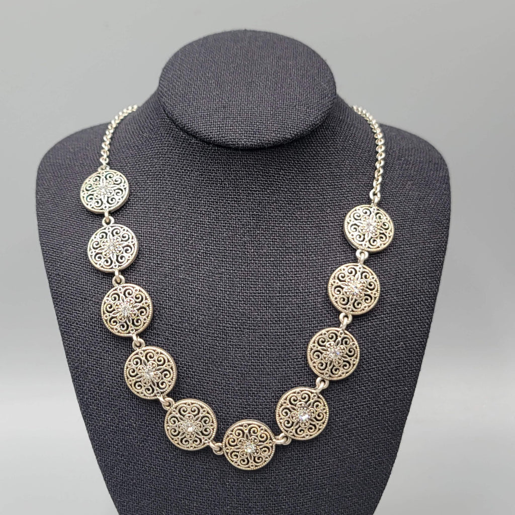 Premier Designs Round Filigree Necklace Crystal Silver tone 16"-18"