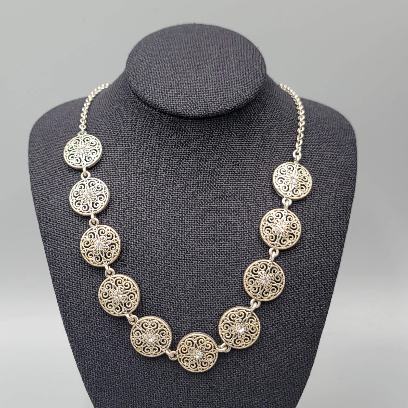 Premier Designs Round Filigree Necklace Crystal Silver tone 16"-18"