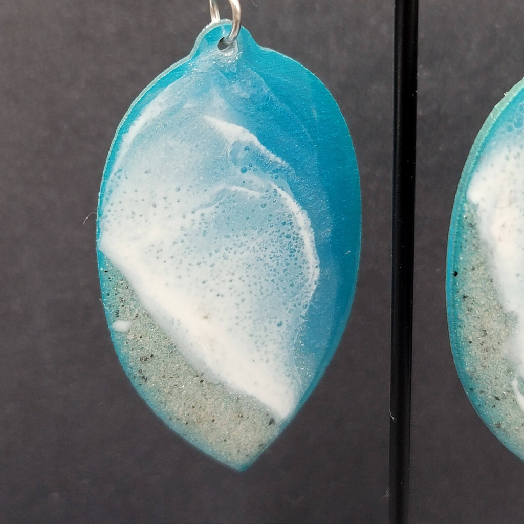 Pierced Earrings Silver tone Resin on Wood Ocean Beach Scene Large Dangle 2.5"