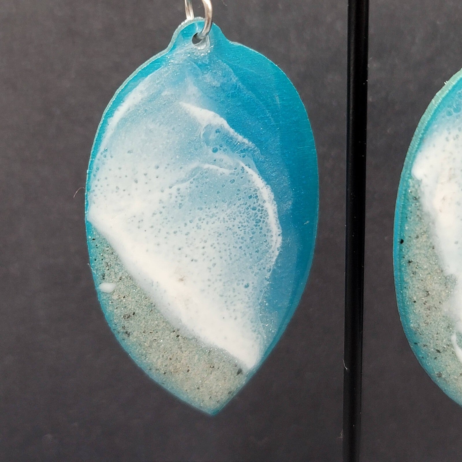 Pierced Earrings Silver tone Resin on Wood Ocean Beach Scene Large Dangle 2.5"