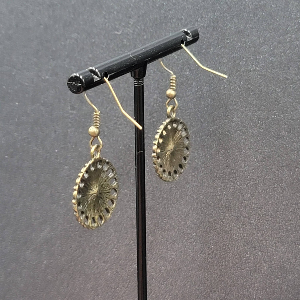 Pierced Earrings Bronze tone Orange Rhinestone Round Filigree 7/8"