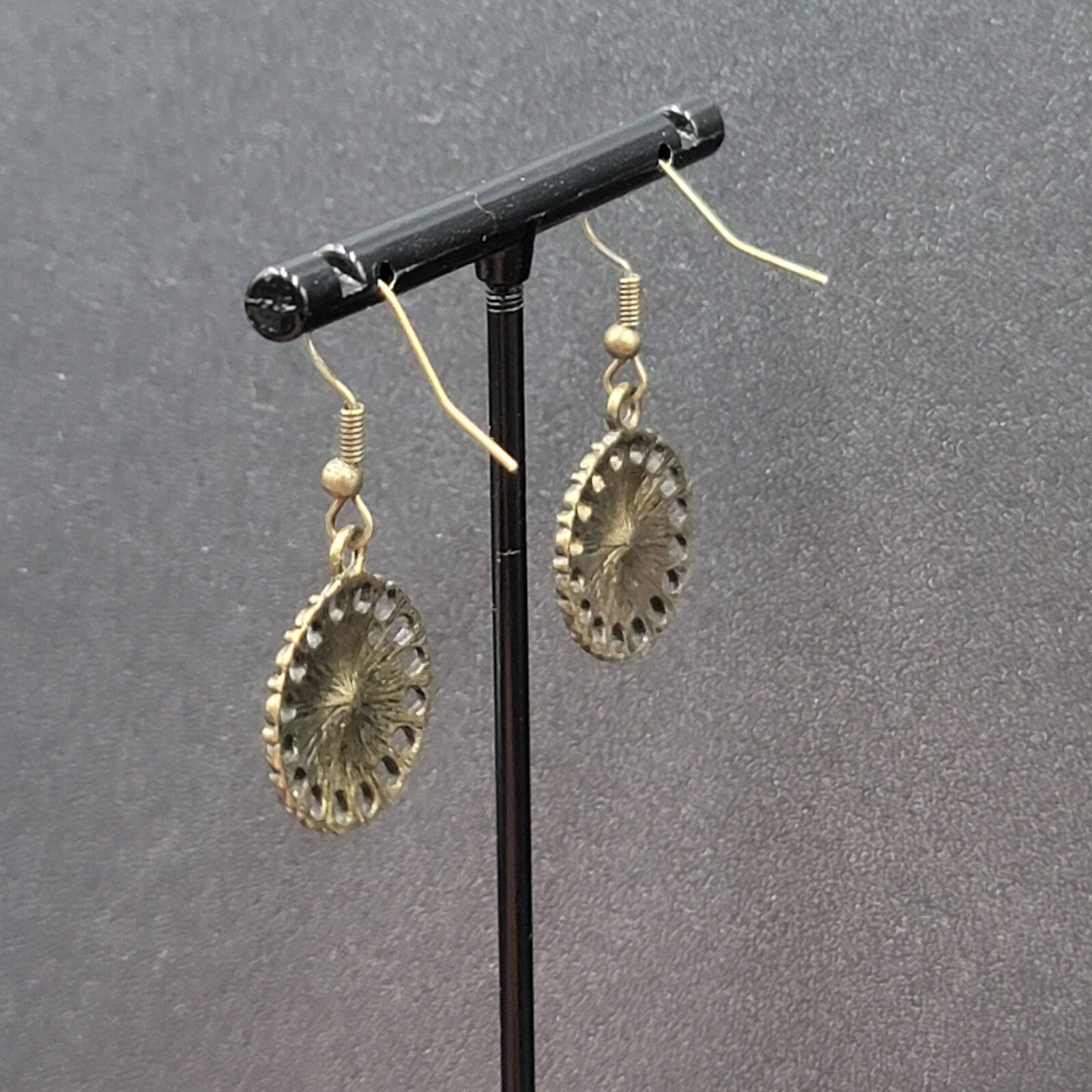 Pierced Earrings Bronze tone Orange Rhinestone Round Filigree 7/8"