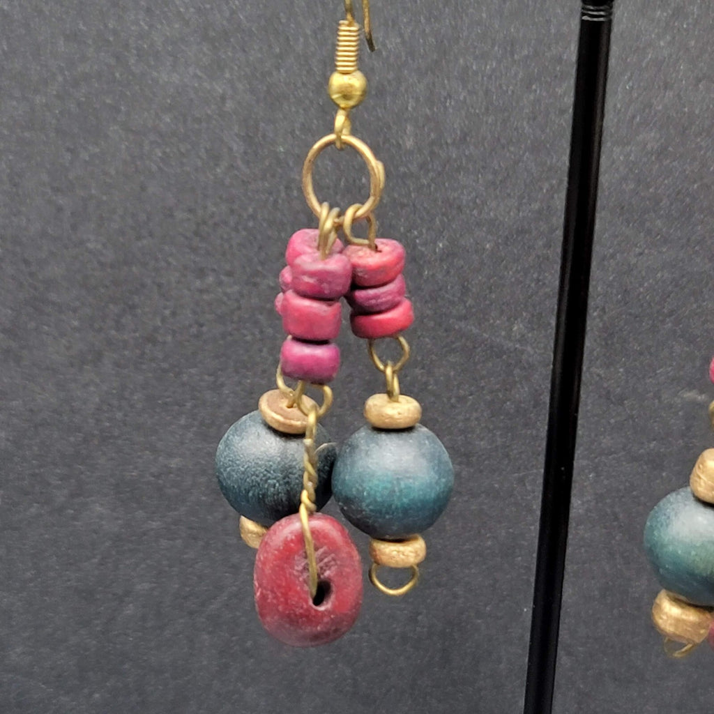 Vintage Pierced Earrings Purple Blue Wood Beads Dangle Boho 1.75"