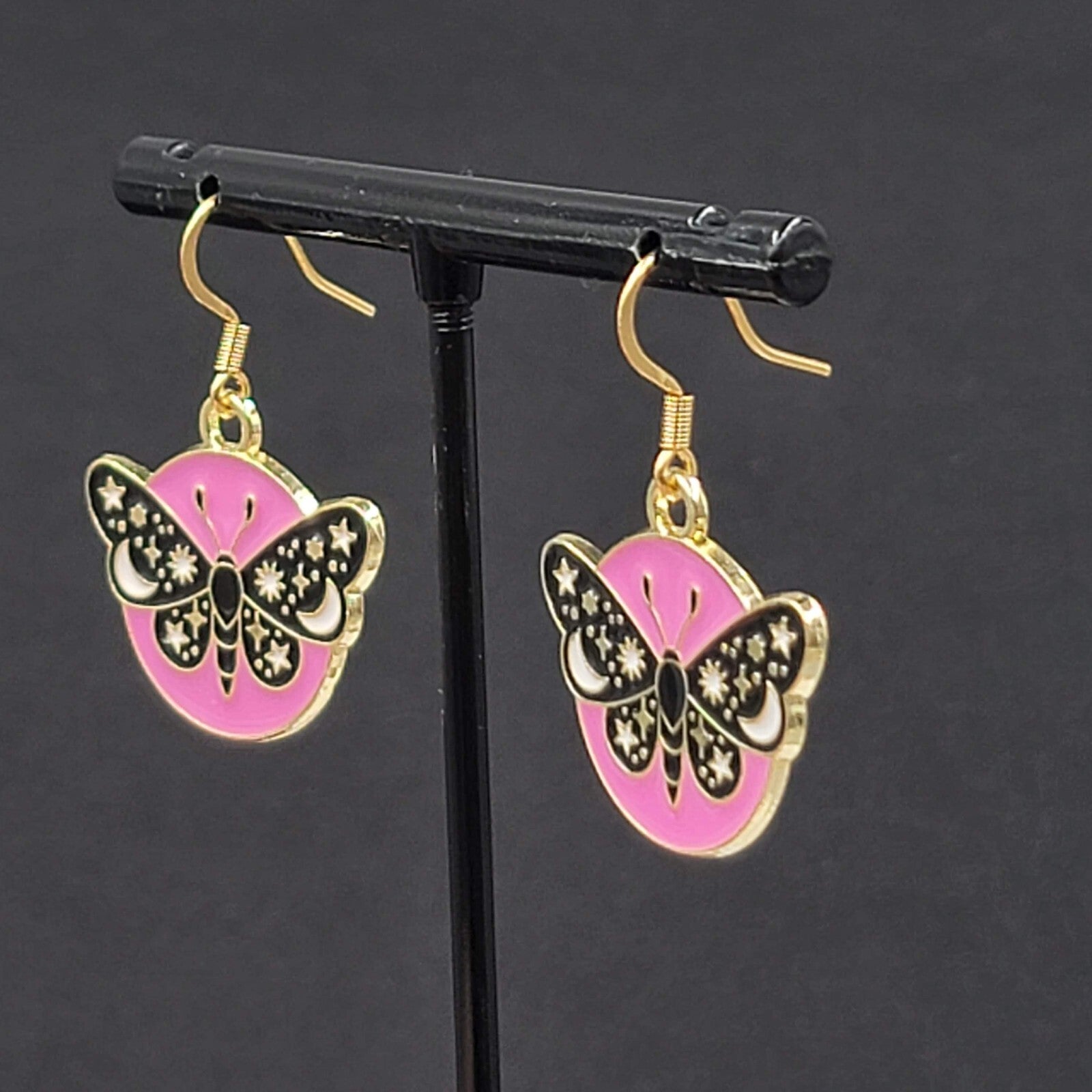 Black Moth Hot Pink Enamel Pierced Earrings Gold tone Dangle Butterfly 7/8"