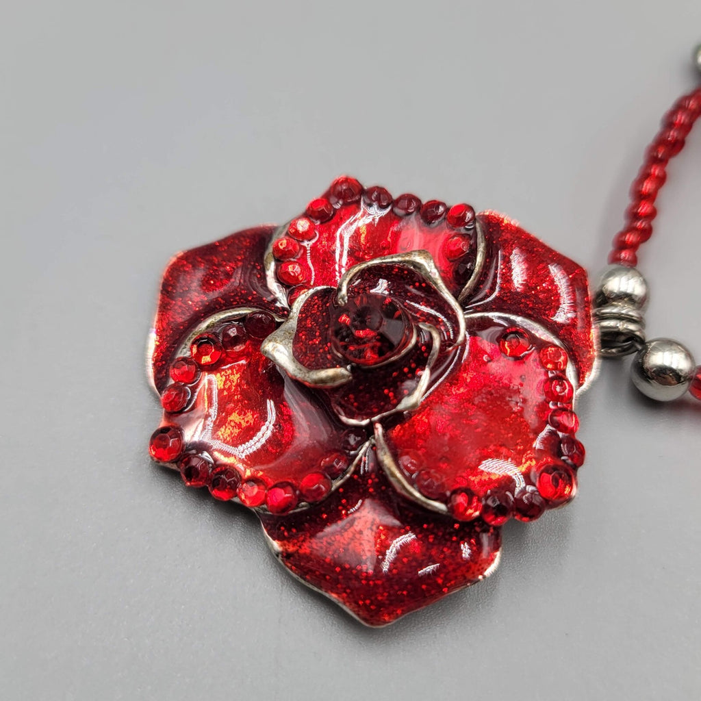 Red Bead Triple Layer Necklace Silver tone Statement Flower Pendant 20"+