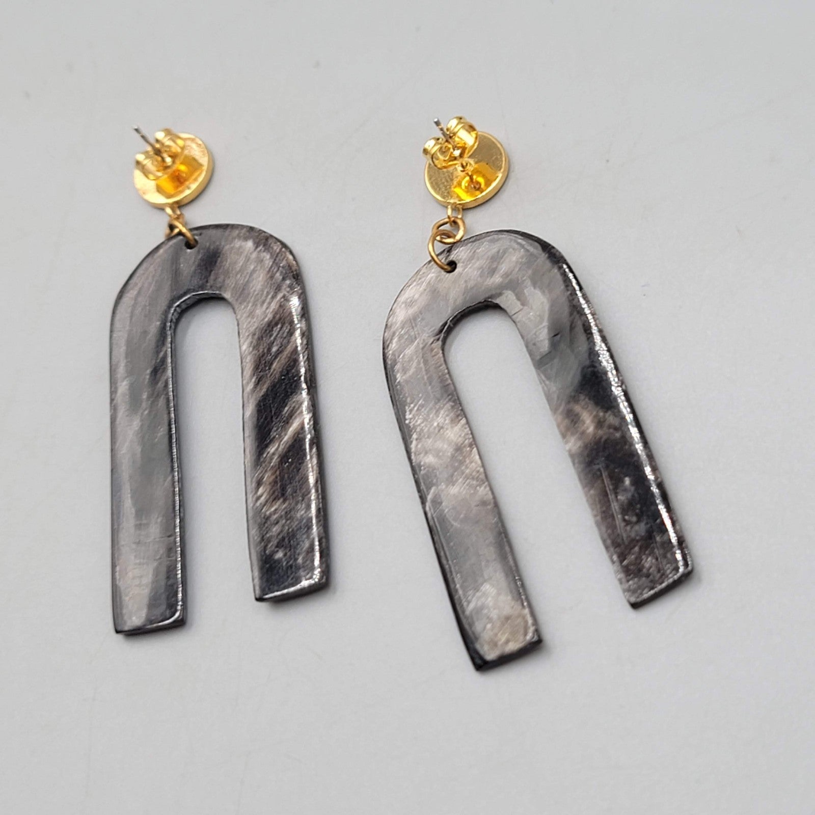 Carved Horn Statement Pierced Earrings Gold tone Dangle 2.5 in