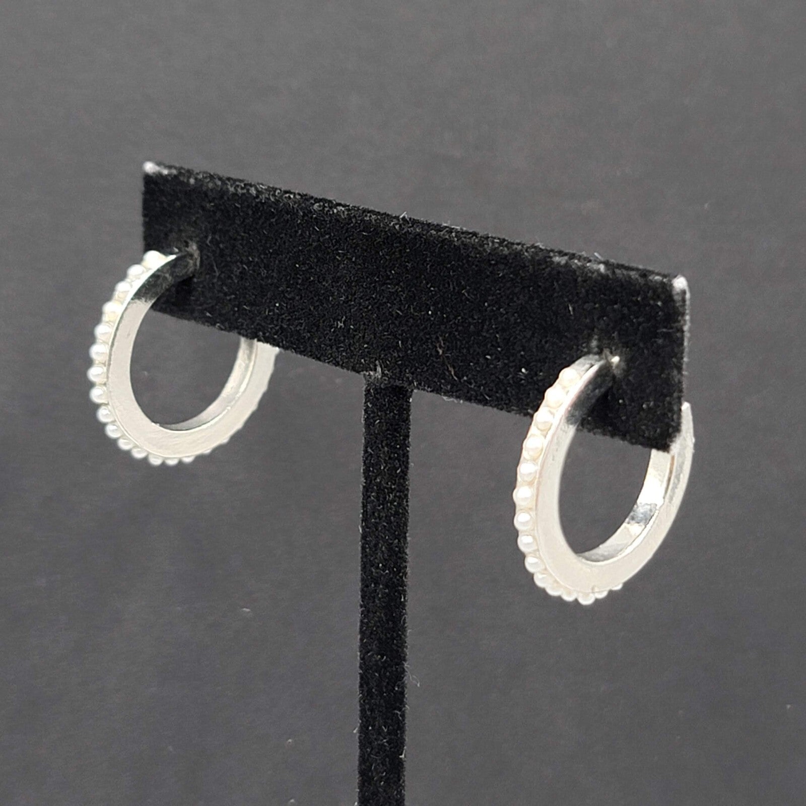 Pierced Earrings Silver tone White Beaded Hoops 3/4"