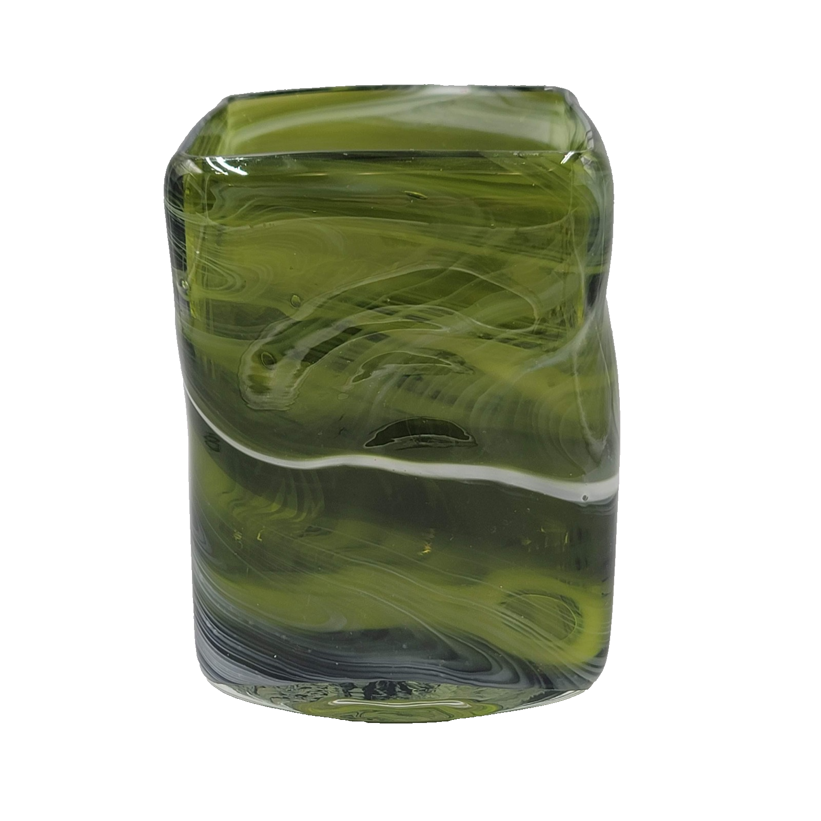 Green White Art Slag Glass Vase Rectangle Square 5 in x 4 in