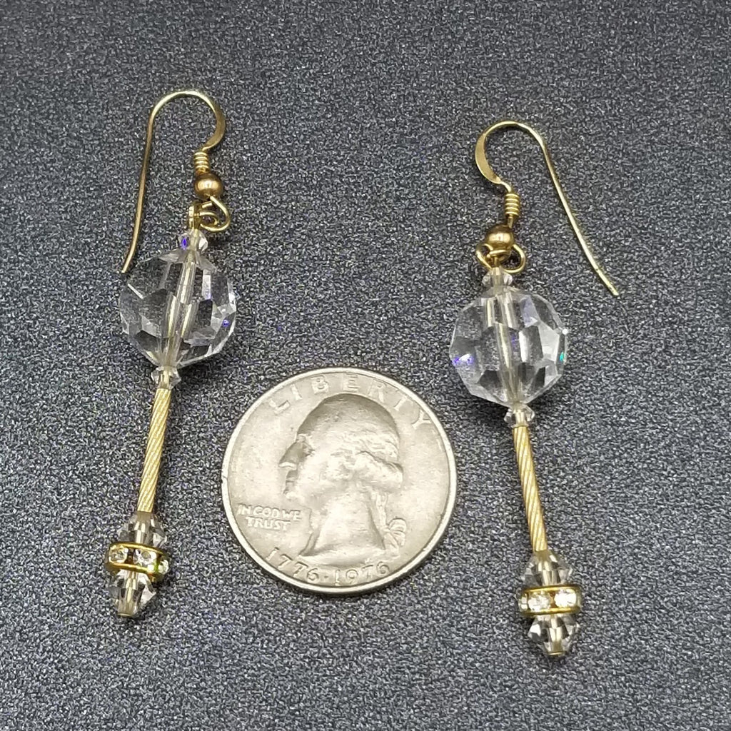 Pierced Earrings Gold tone Faceted Crystal Bead Statement Dangle 1 1/2". 4951