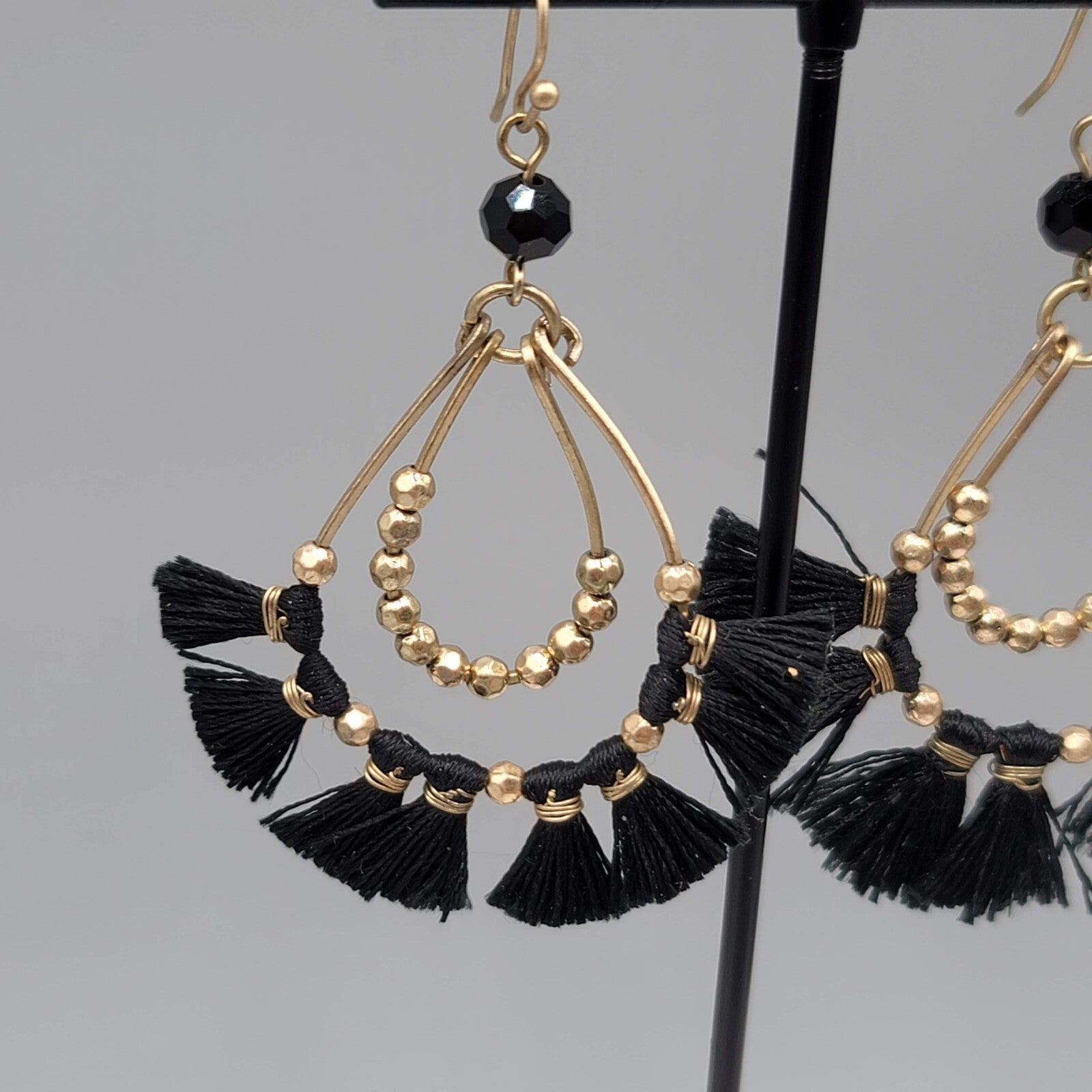 Pierced Earrings Gold tone Black Tassel Teardrop Dangle 2.5"