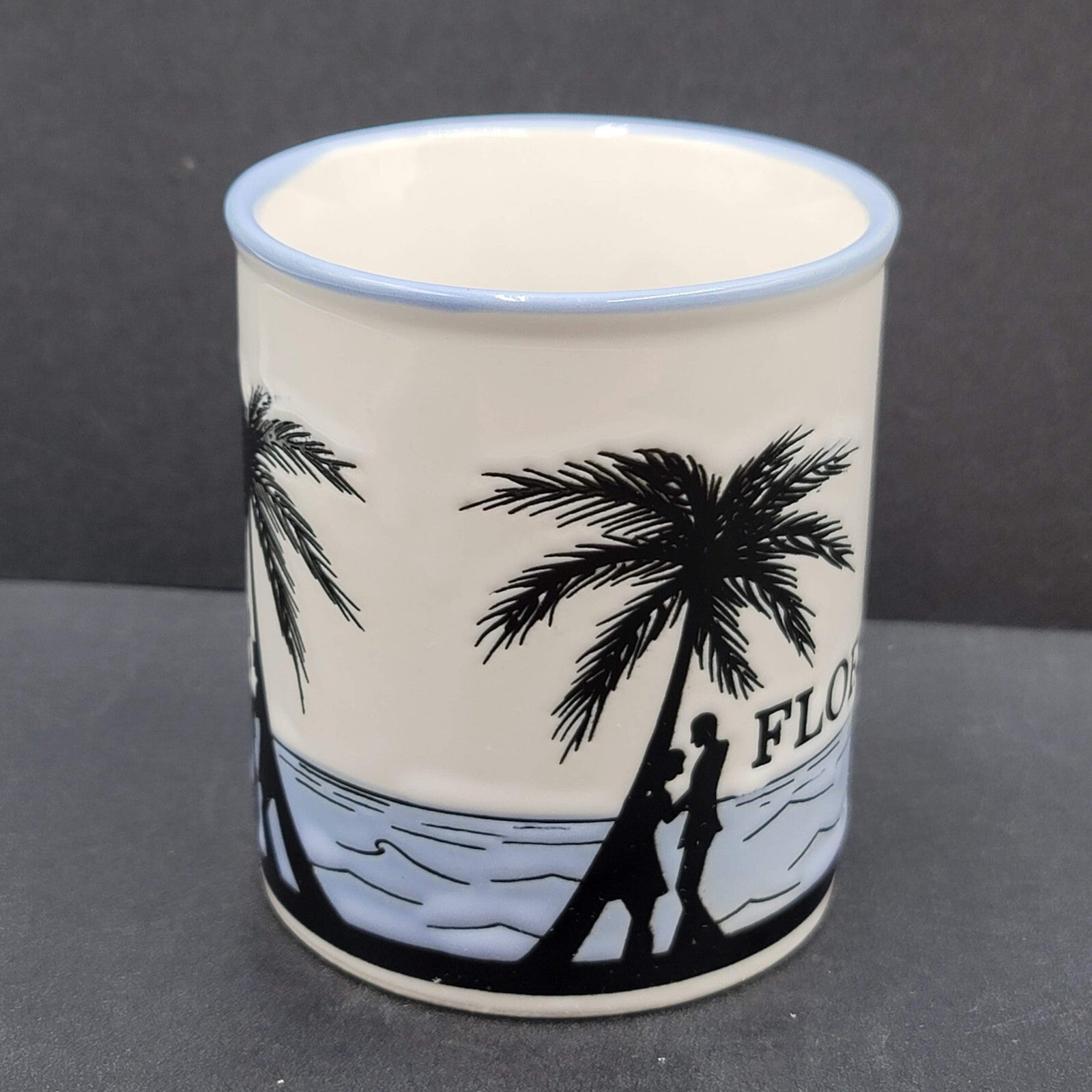 Vintage Florida Beach Coffee Cup Embossed Stoneware Blue White