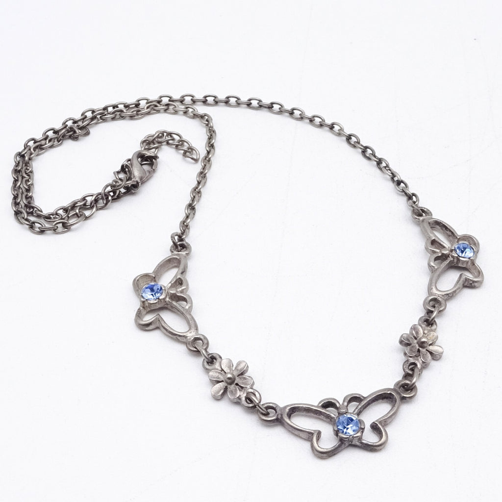 Silver tone Chain Butterfly Necklace Blue Rhinestone Accents Collar  14" - 16"