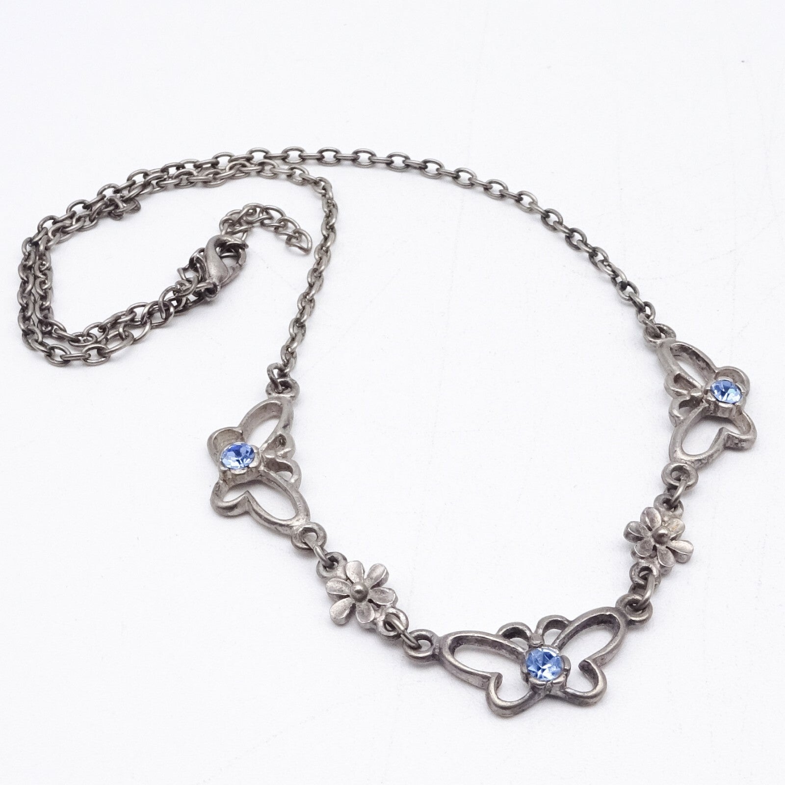 Silver tone Chain Butterfly Necklace Blue Rhinestone Accents Collar  14" - 16"