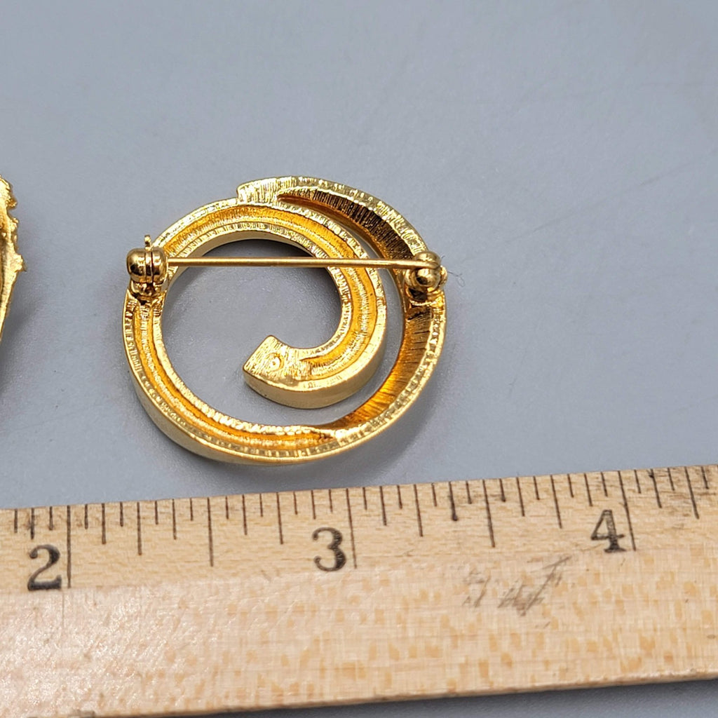 Vintage Gold Tone Circle Brooch Pin Lot of 2 Textured Swirl Rhinestone