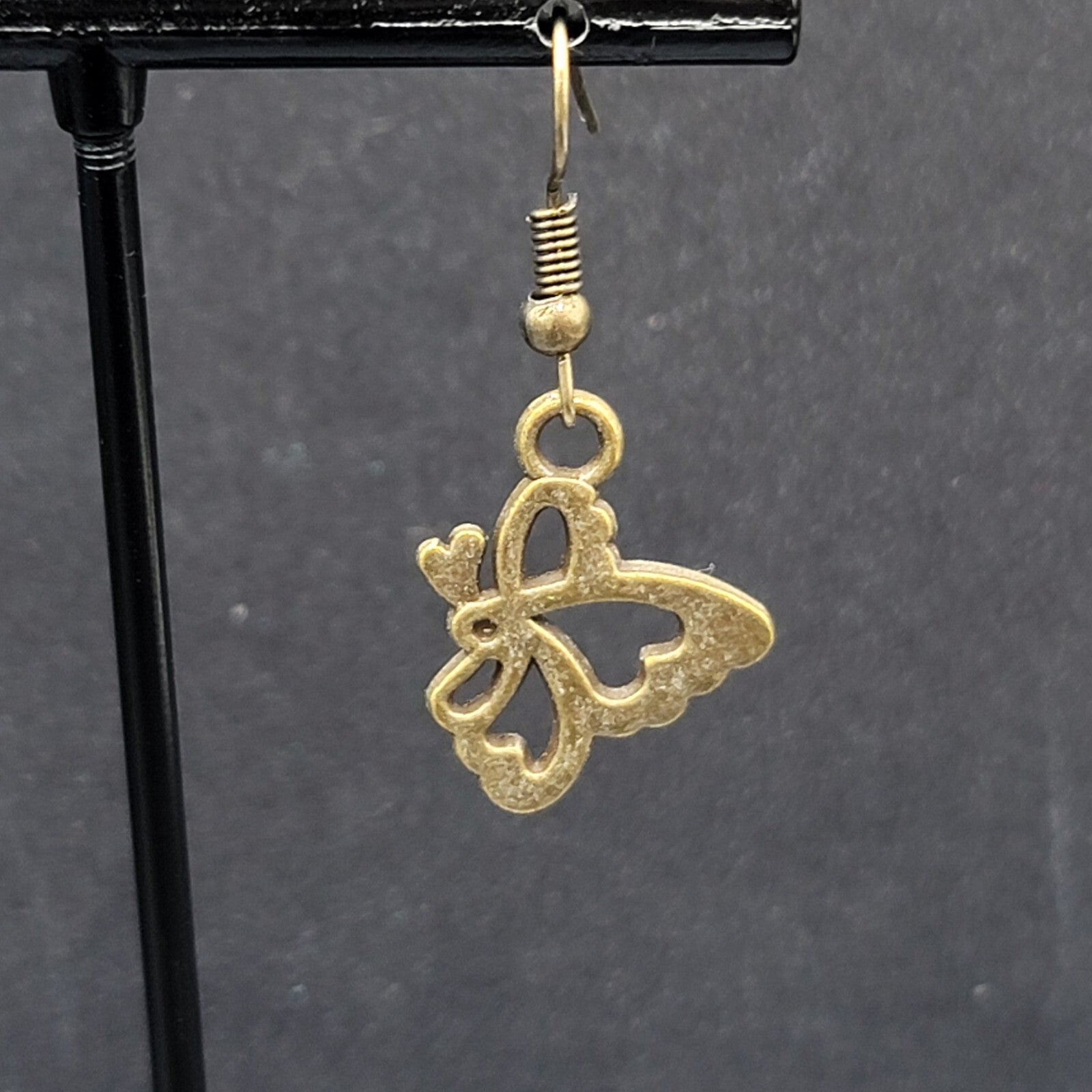 New Butterfly Pierced Earrings Bronze tone Side View Dangle 3/4"
