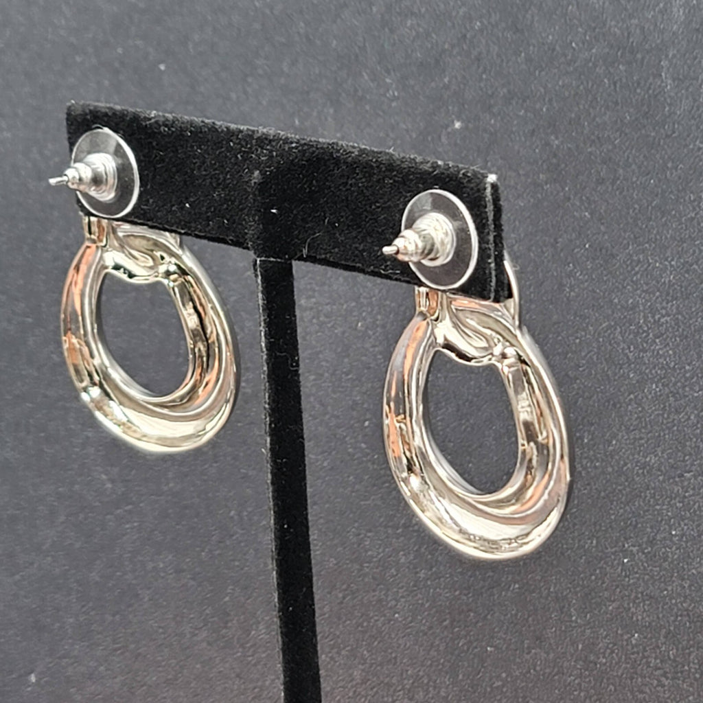 Pierced Earrings High Polish Silver tone Double Loop Drop 1 3/8"