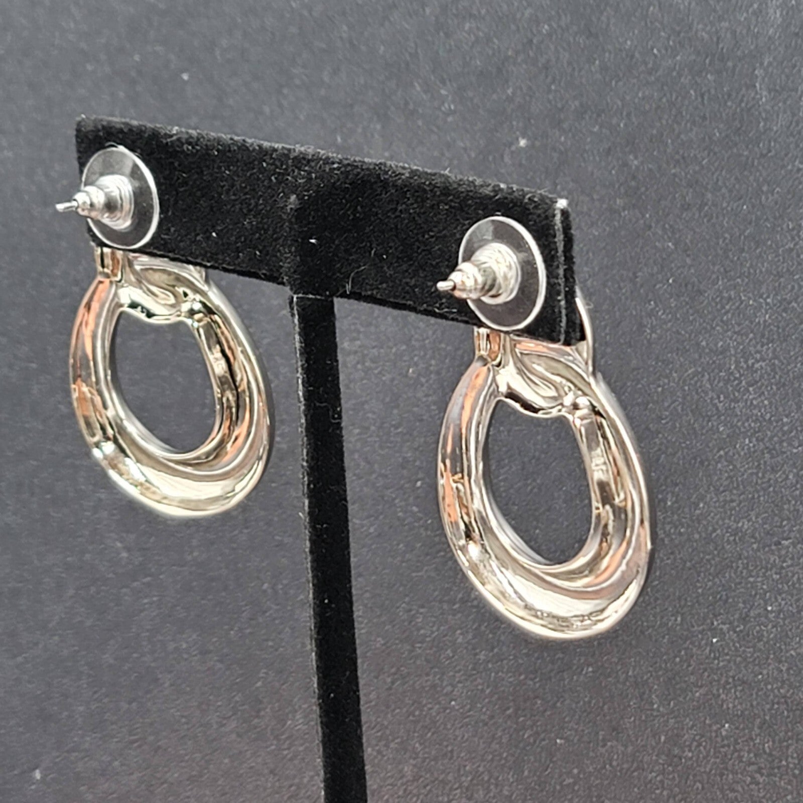 Pierced Earrings High Polish Silver tone Double Loop Drop 1 3/8"