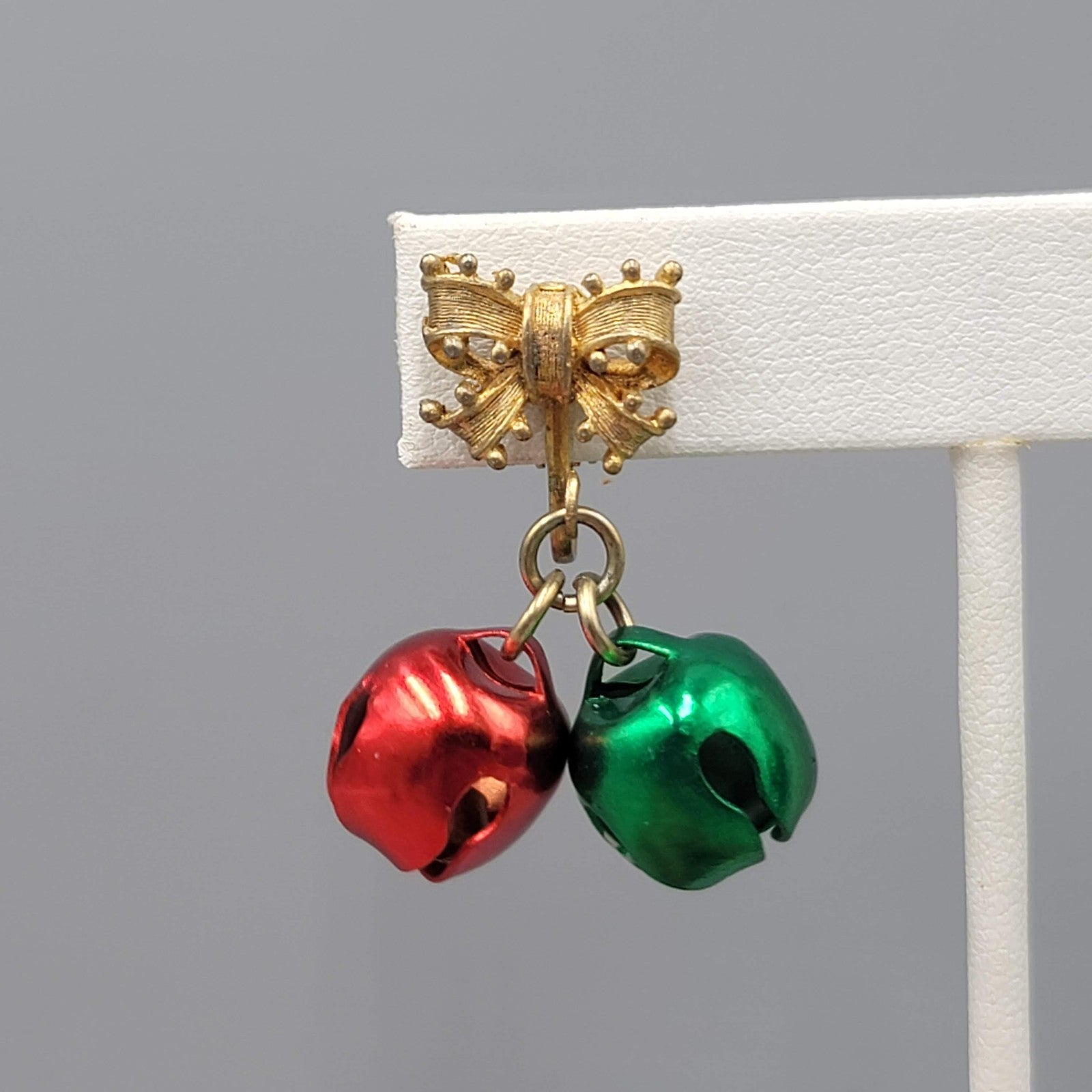 Vintage Christmas Bow Bells Clip on Earrings Gold tone Dangle 1.5"