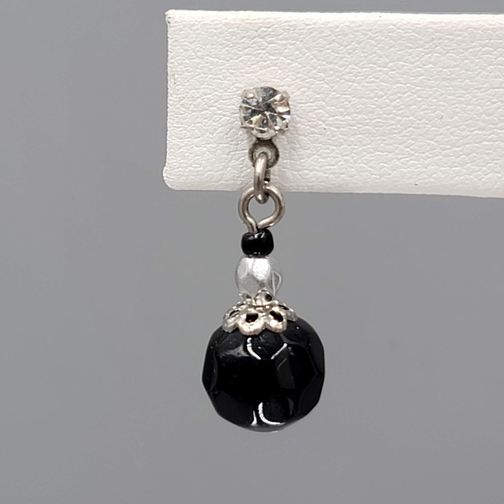 Black Glass Bead Rhinestone Pierced Earrings Silver tone Dangle 1"