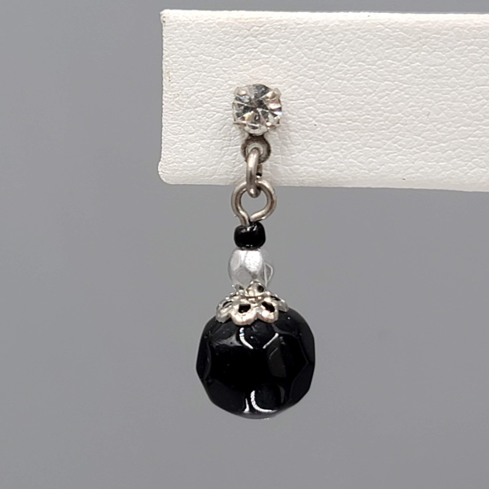 Black Glass Bead Rhinestone Pierced Earrings Silver tone Dangle 1"
