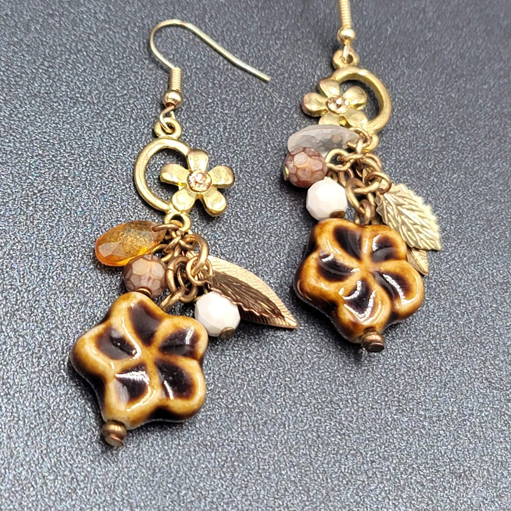 Pierced Earrings Gold tone Pottery Flower Bead Dangle Leaves 2"