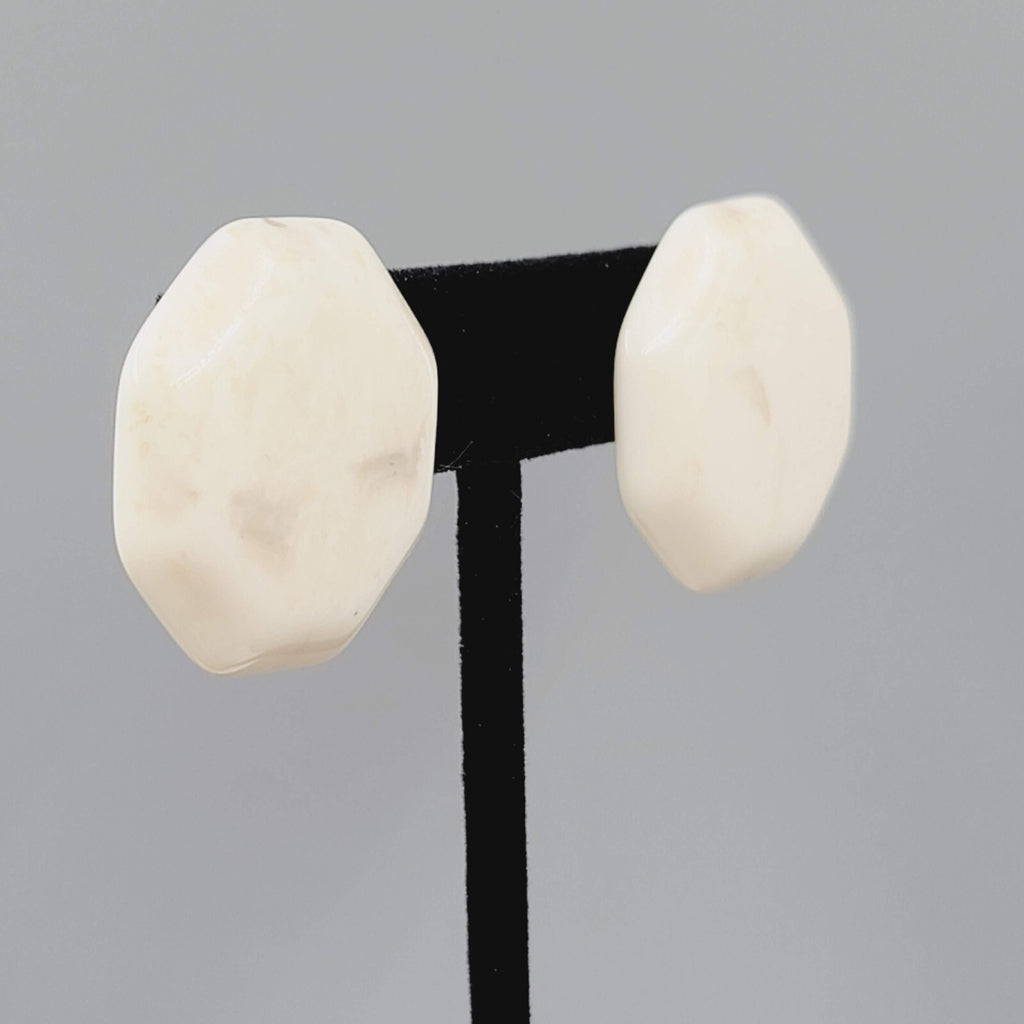 Vintage Pierced Earrings White Gray Marble Look Octagon Drop 1.25"