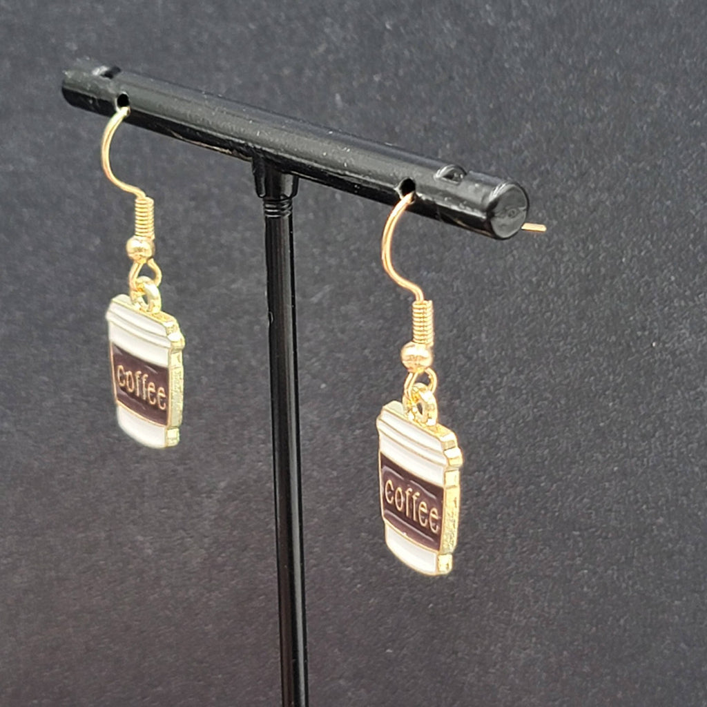Coffee Pierced Earrings White Brown Enamel Gold tone Dangle New 5/8"