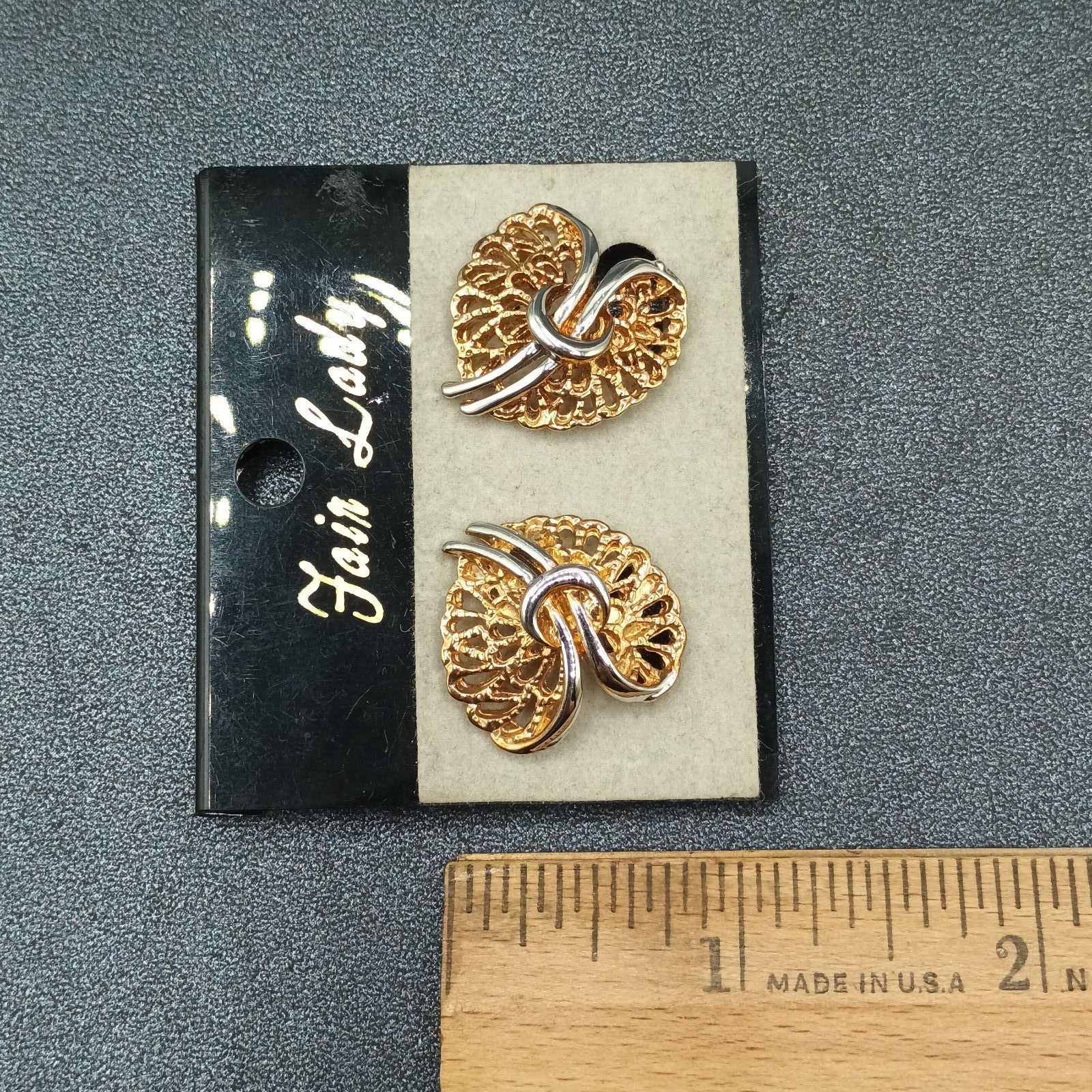 Vintage Fair Lady NOS Clip on Earrings Two tone Open Work Drop 7/8"