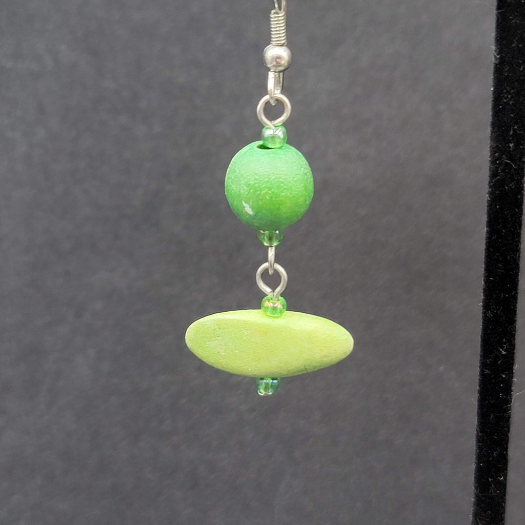 Pierced Earrings Silver tone Green Wood Bead Dangle 1.5"