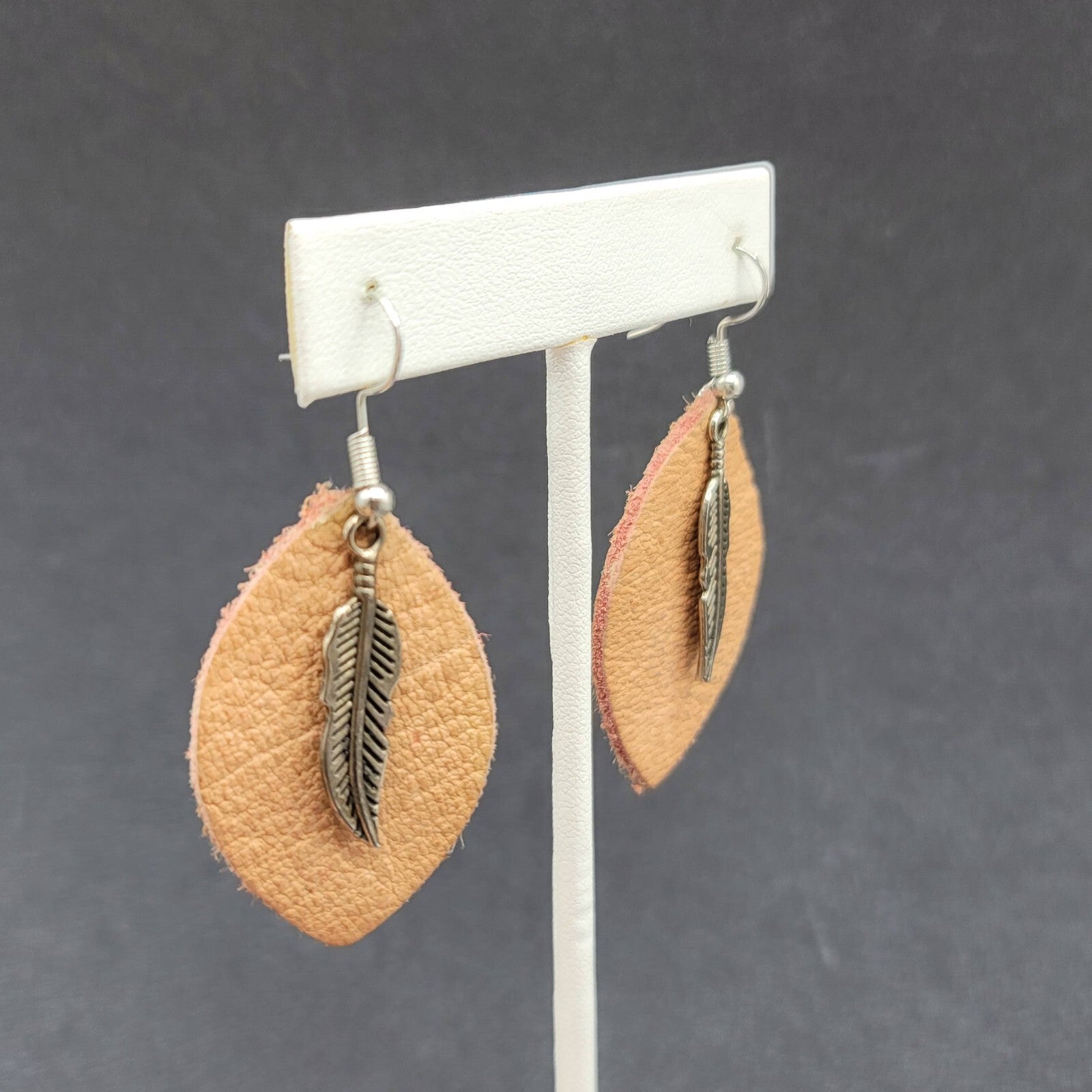 Bohemian Leather Teardrop Dangle Pierced Earrings 1.75" Metal Feather