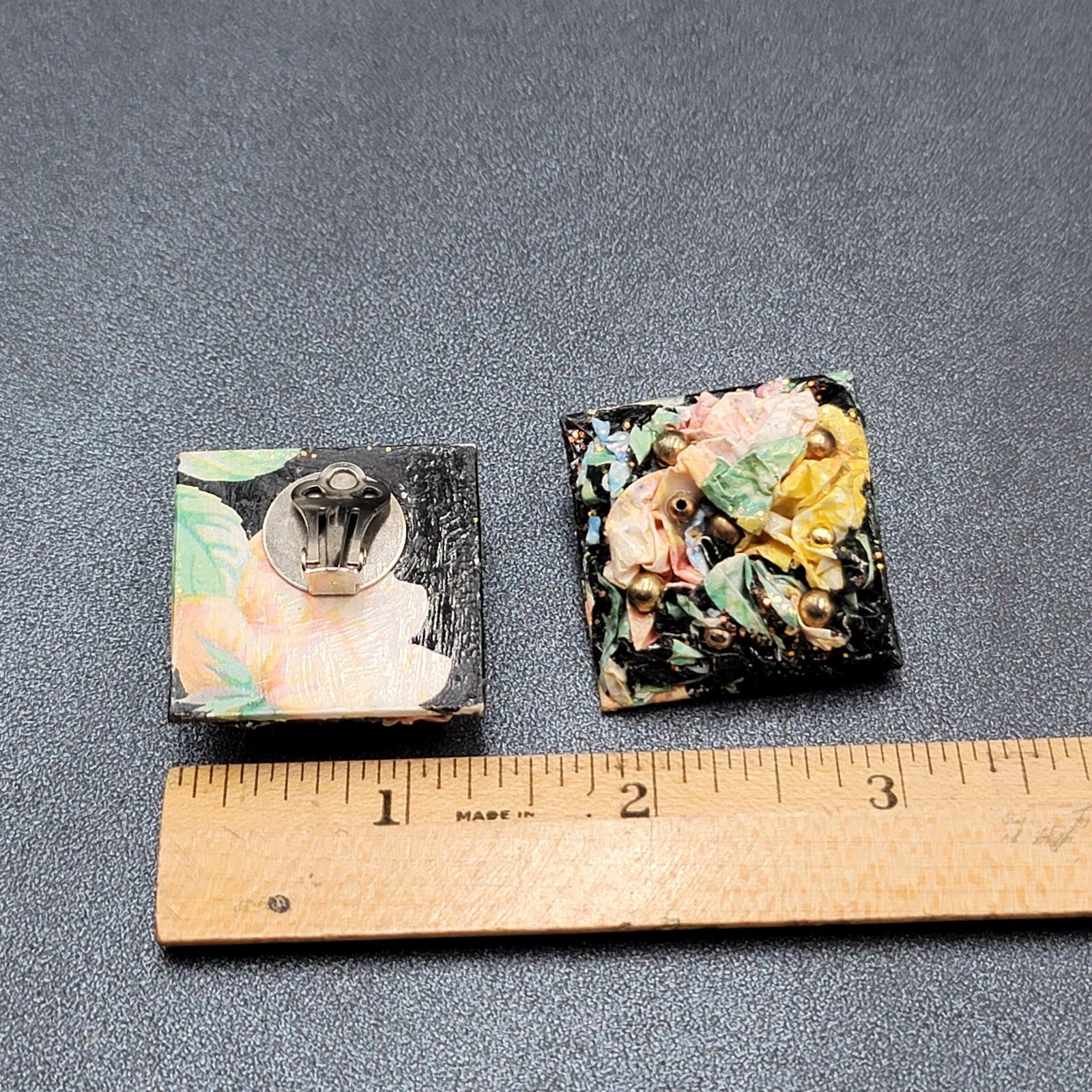 Vintage Clip on Earrings Handmade 1980s Multicolor Square Drop 1.25"