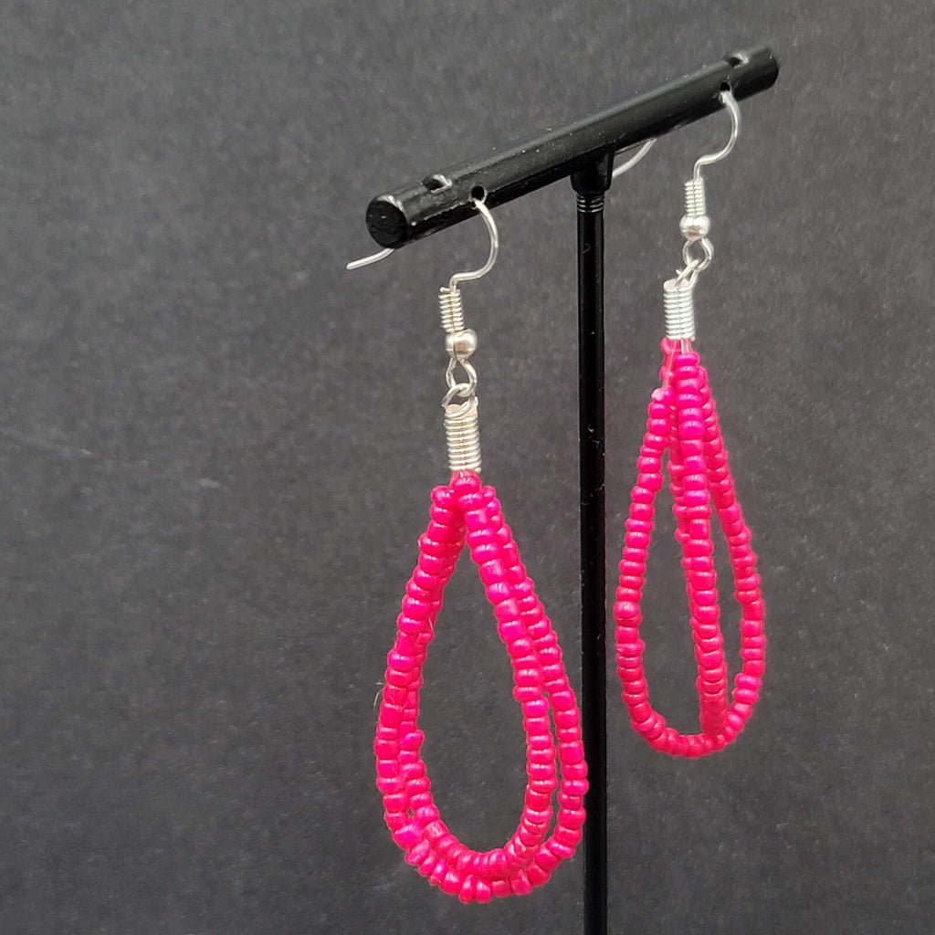 Pierced Earrings Red Seed Beaded Double Loops Dangle 2"