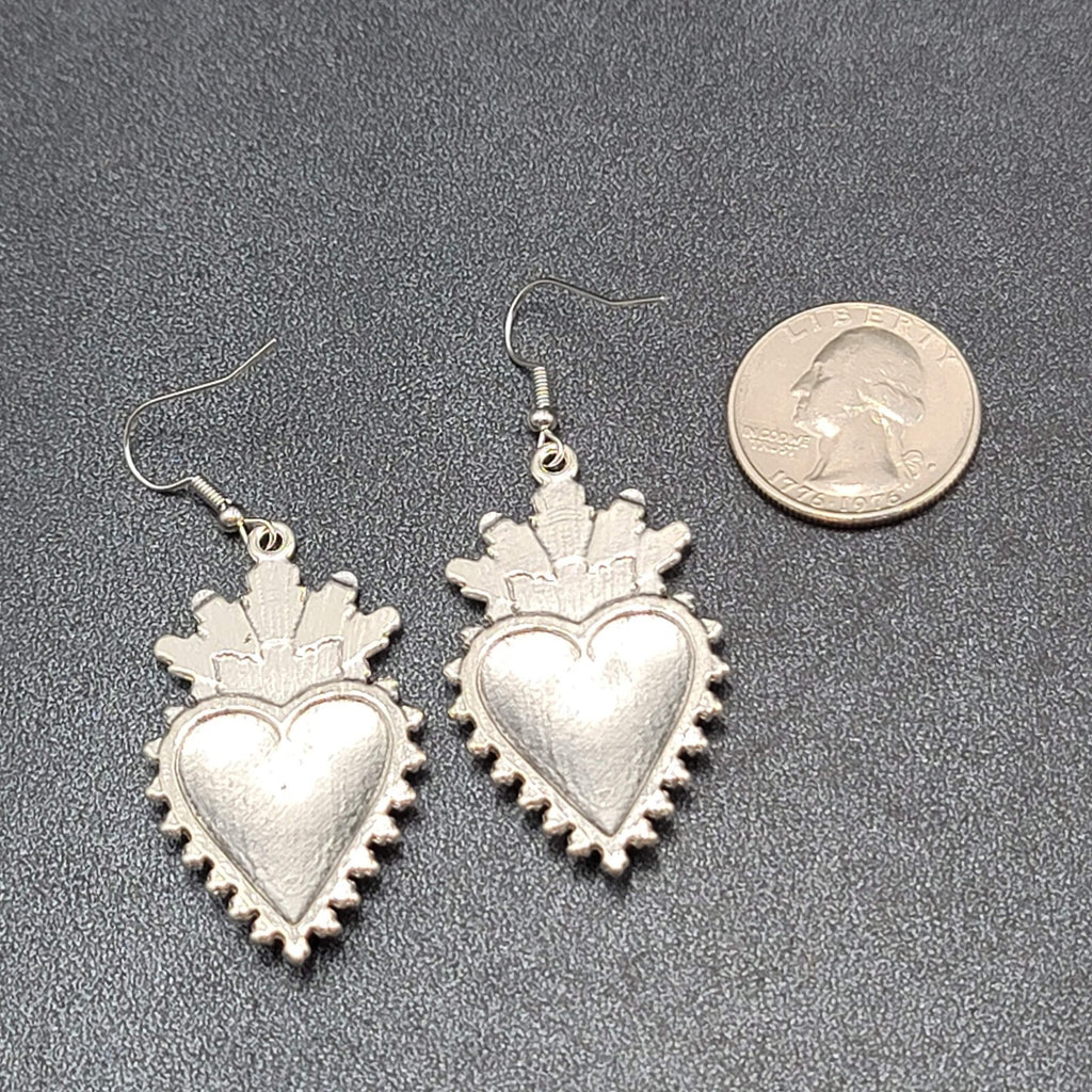 New Crown Heart Pierced Earrings Silver tone Red Goth Rock Dangle 1.75"