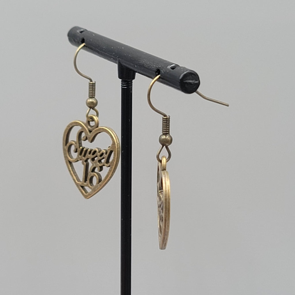 Sweet 16 Heart Pierced Earrings New Bronze tone Dangle 7/8"