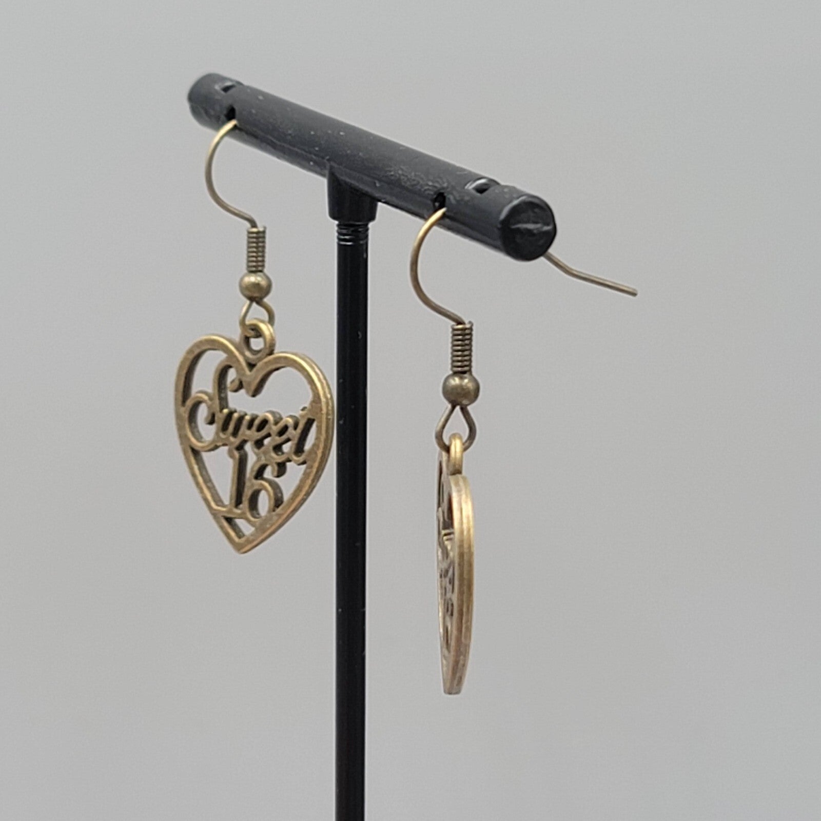 Sweet 16 Heart Pierced Earrings New Bronze tone Dangle 7/8"