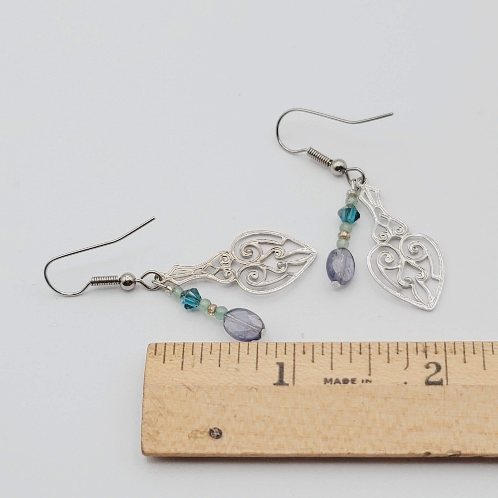 Lavalier Pierced Earrings Purple Blue Beads Silver tone Dangle 1.25 in