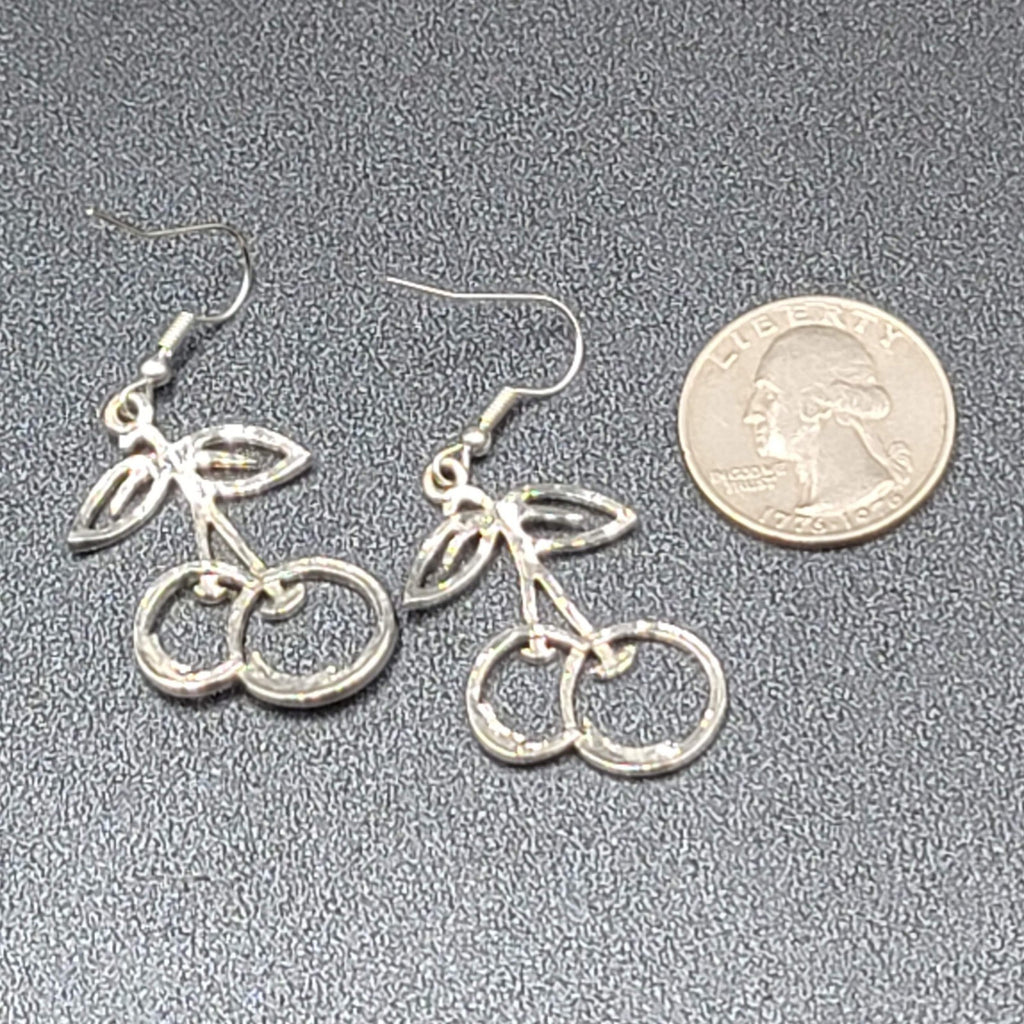 Cherry Pierced Earrings Cherries Silver tone Dangle 1 3/8"