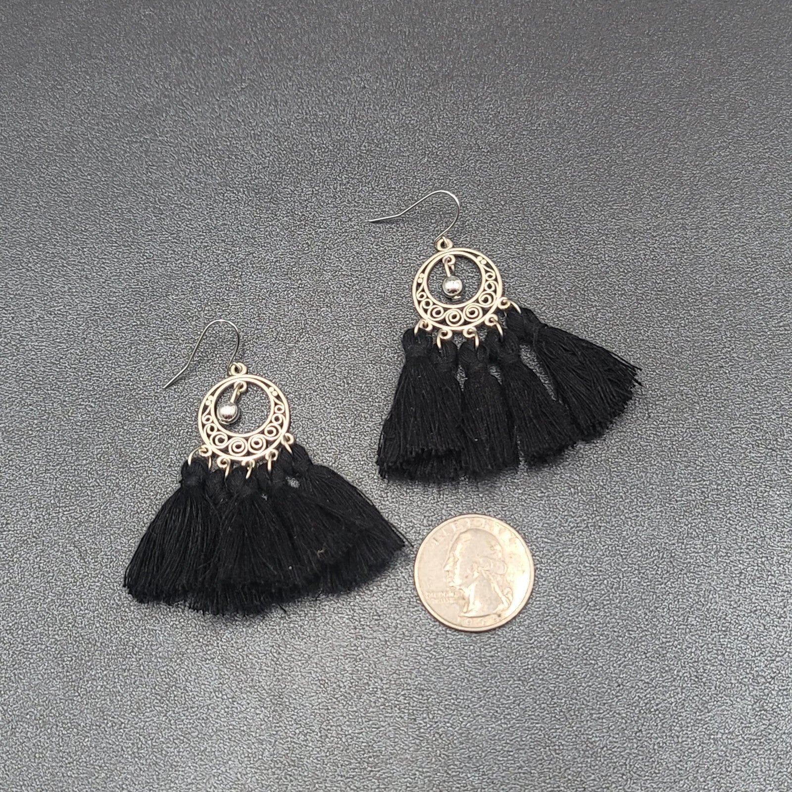 Pierced Earrings Silver tone Black String Tassel Dangle 2.25"