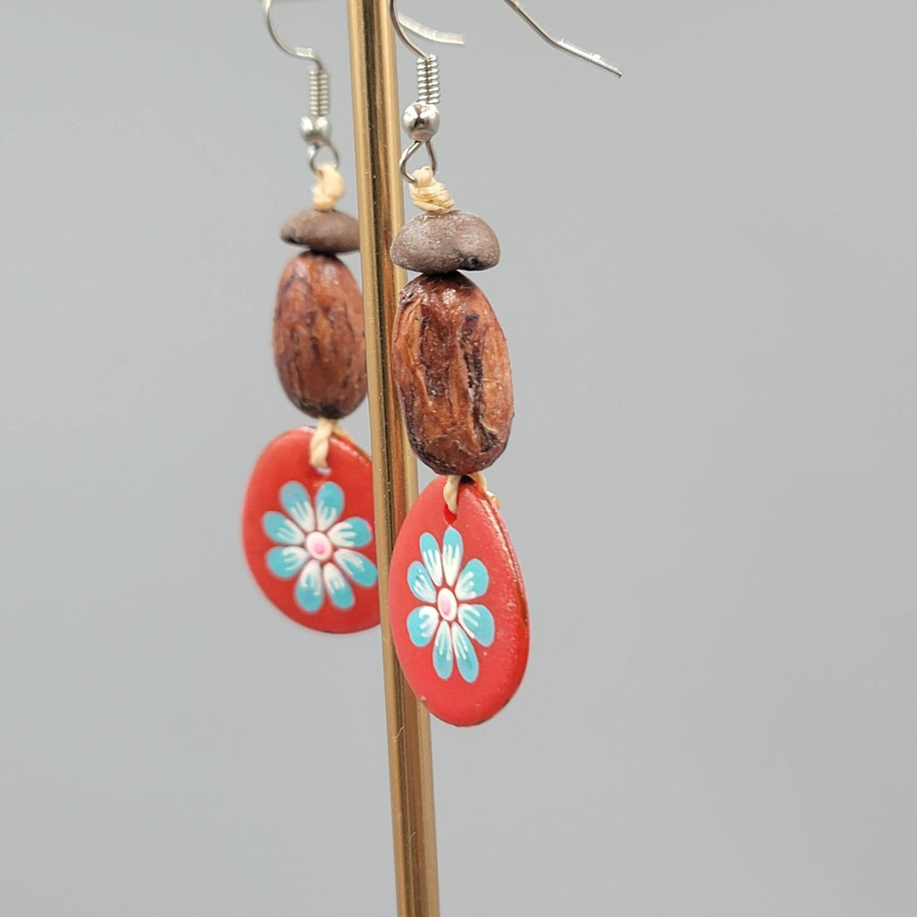 Artisan Bead Pierced Earrings Coffee Bean Seed Hand Painted Dangle 1.75"