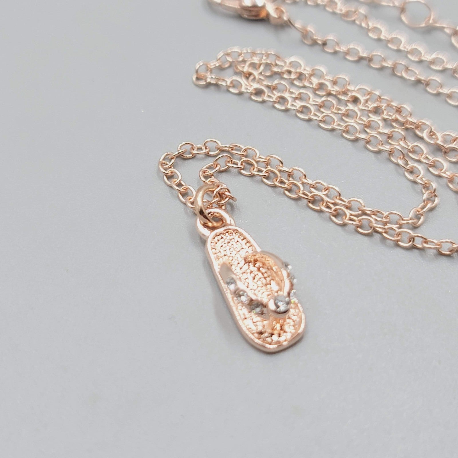 Flip Flop Pendant Necklace Rose Gold tone Chain Crystal 16"-18"