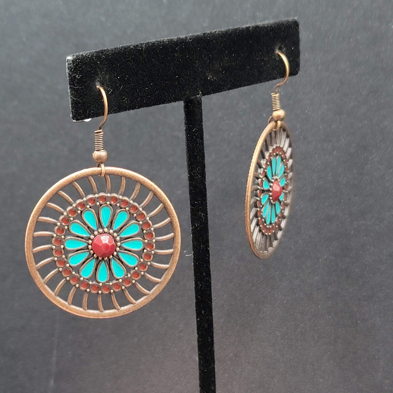 New Boho Pierced Earrings Bronze tone Blue Enamel Round Open Flower Dangle 1.25"