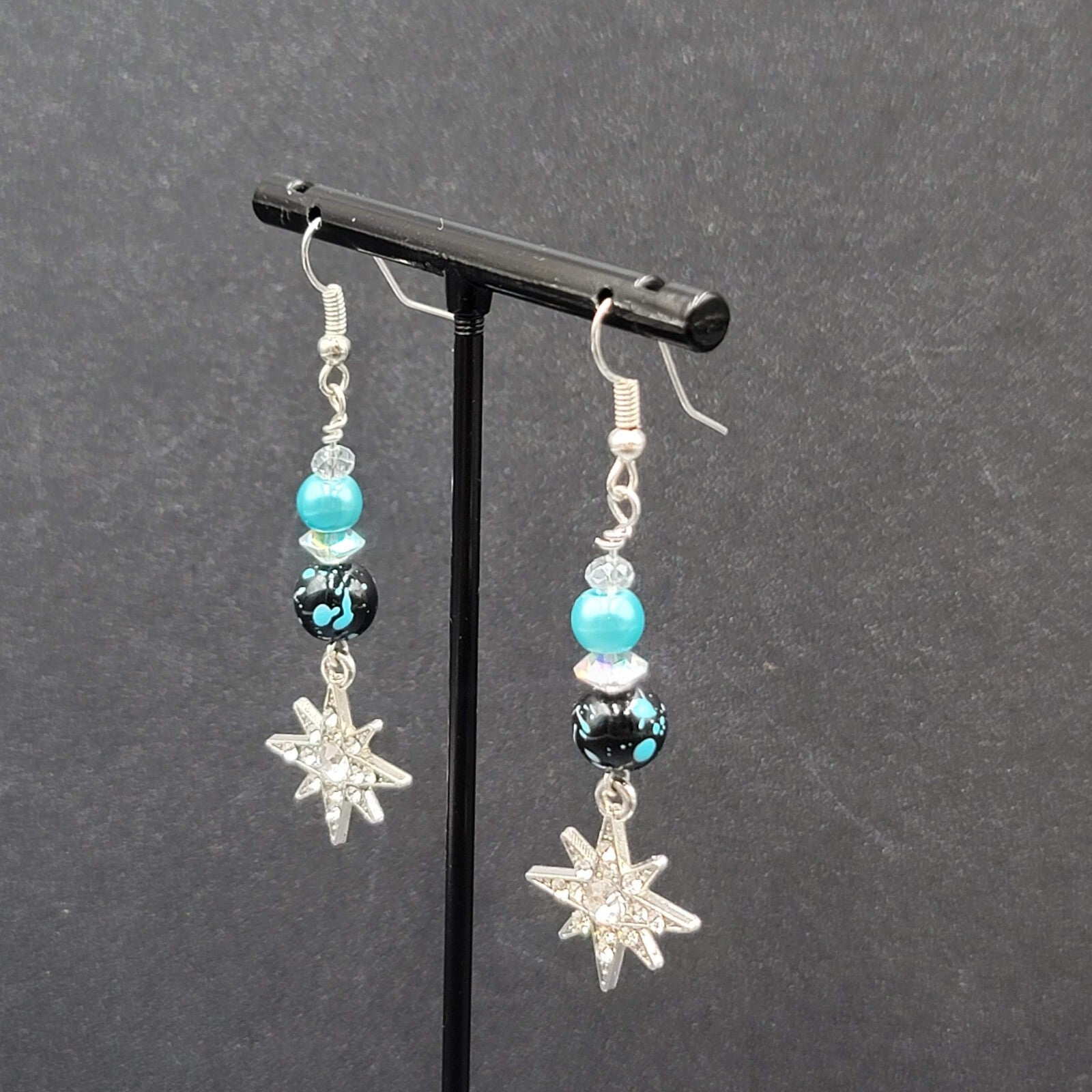 Pierced Earrings Silver tone Blue Bead Rhinestone Star Dangle 1.75"