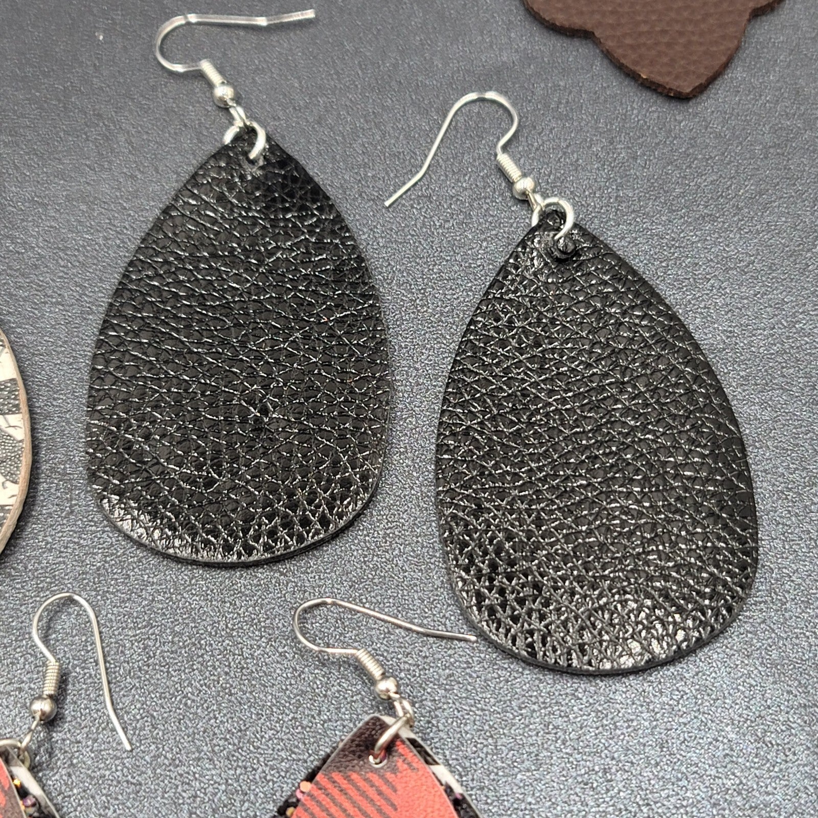 Lot of 9 Pierced Earrings Teardrop Dangle Multicolor Faux Leather Felt Denim