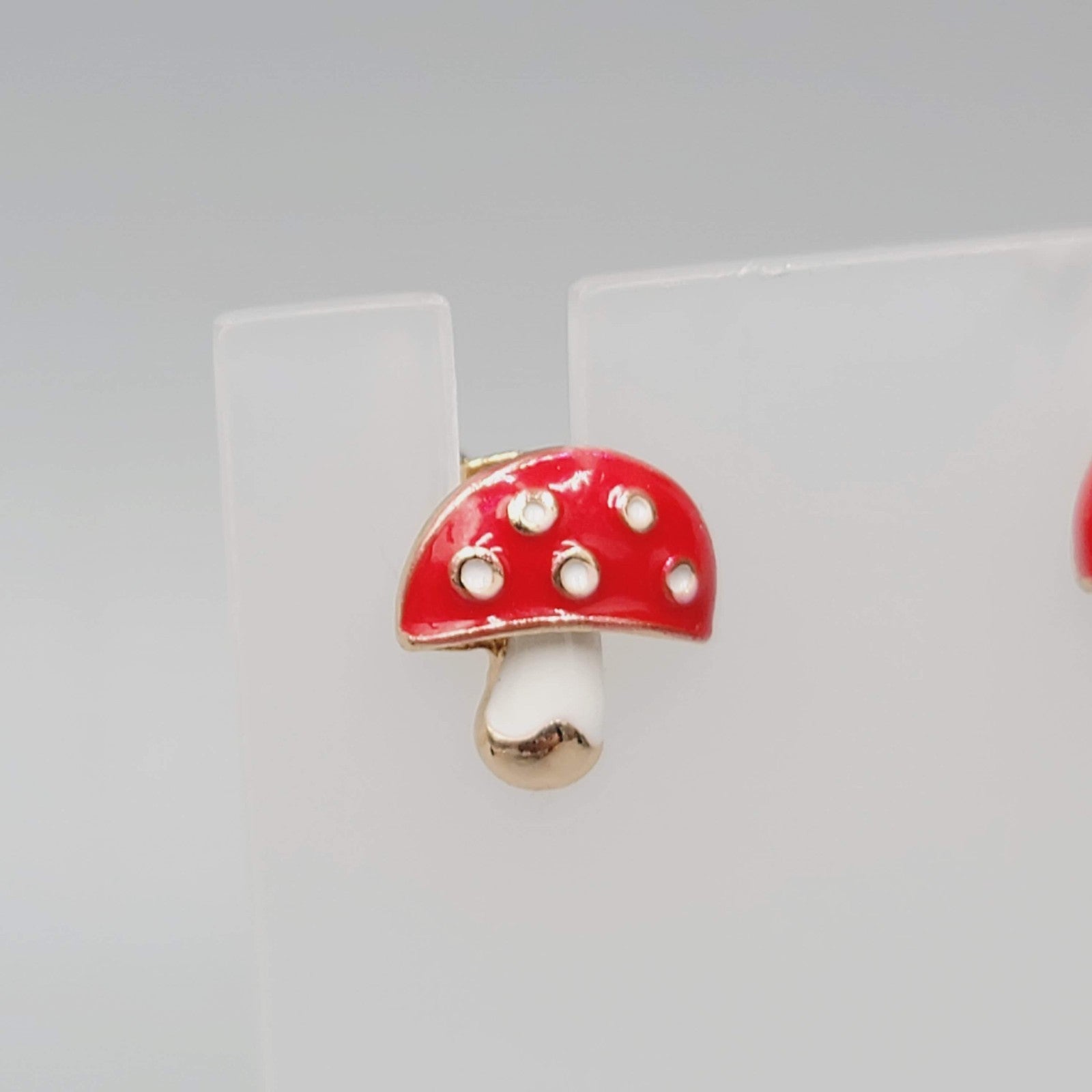 Mushroom Stud Pierced Earrings Enamel Red White Dots Gold tone 1/2"