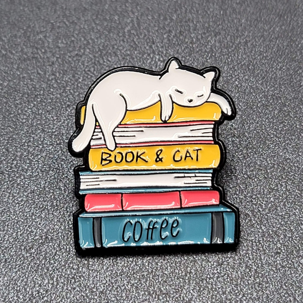 White Cat Enamel Lapel Hat Pin Book and Cat Coffee Multicolor  1.25"