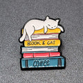 White Cat Enamel Lapel Hat Pin Book and Cat Coffee Multicolor  1.25"
